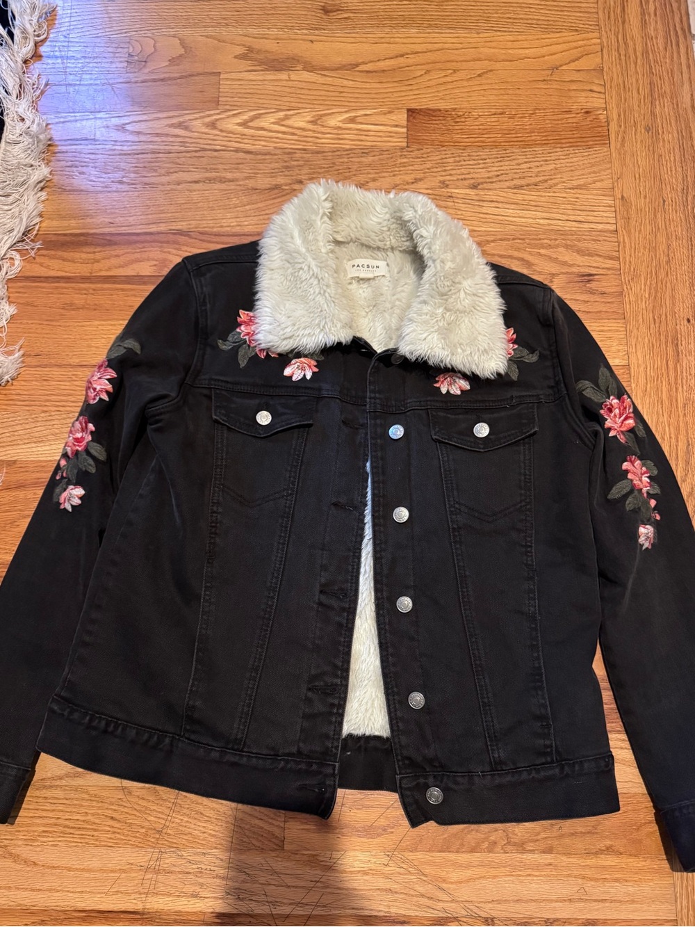 PacSun Black Denim Jacket with Cream Fleece Lining and Pink Floral Embroidery